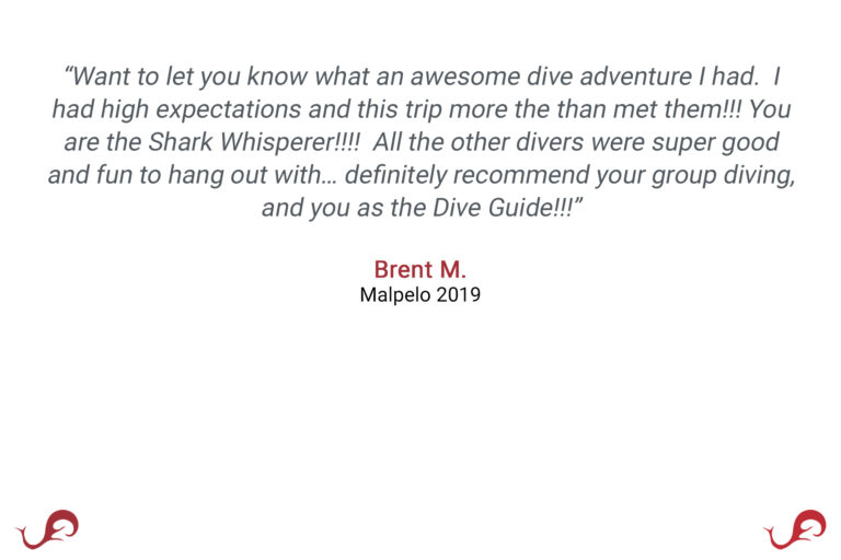 “Want to let you know what an awesome dive adventure I had. I had high expectations and this trip more the than met them!!! You are the Shark Whisperer!!!! All the other divers were super good and fun to hang out with… definitely recommend your group diving, and you as the Dive Guide!!!” - Brent M., Malpelo 2019