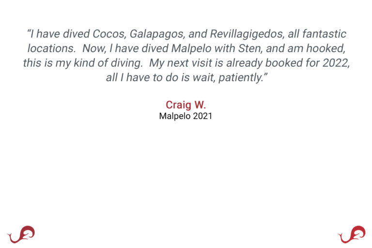 “I have dived Cocos, Galapagos, and Revillagigedos, all fantastic locations. Now, l have dived Malpelo with Sten, and am hooked, this is my kind of diving. My next visit is already booked for 2022, all I have to do is wait, patiently.” - Craig W., Malpelo 2021