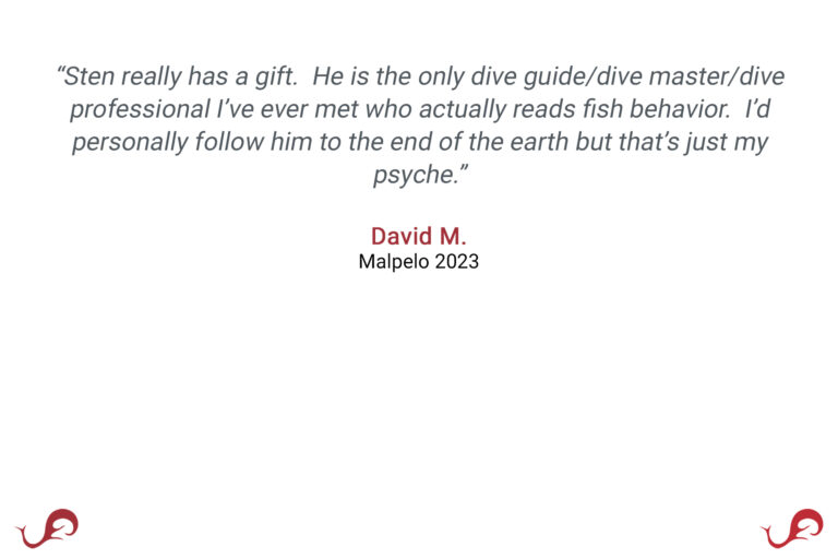 “Sten really has a gift. He is the only dive guide/dive master/dive professional I’ve ever met who actually reads fish behavior. I’d personally follow him to the end of the earth but that’s just my psyche.” - David M., Malpelo 2023